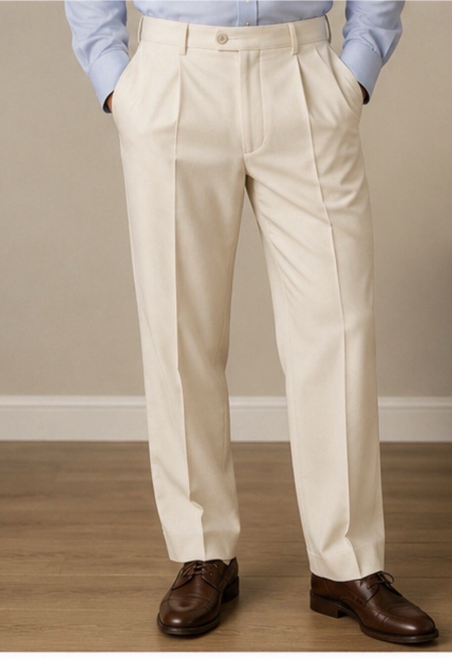Bachrach Men’s Dress Pants Size 38 Cream Pleated Career Trousers